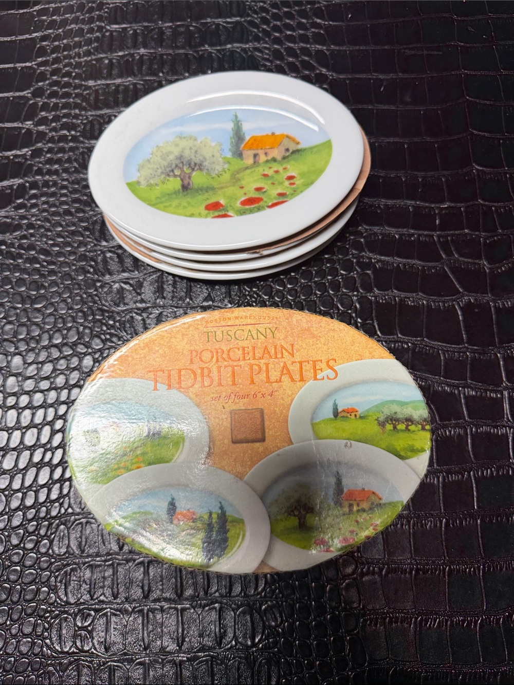 Boston Warehouse White Porcelain Tidbit Plates with Green & Orange Scenic Motif